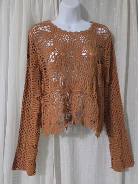Crochet Openwork Boho Sweater - Rust Orange